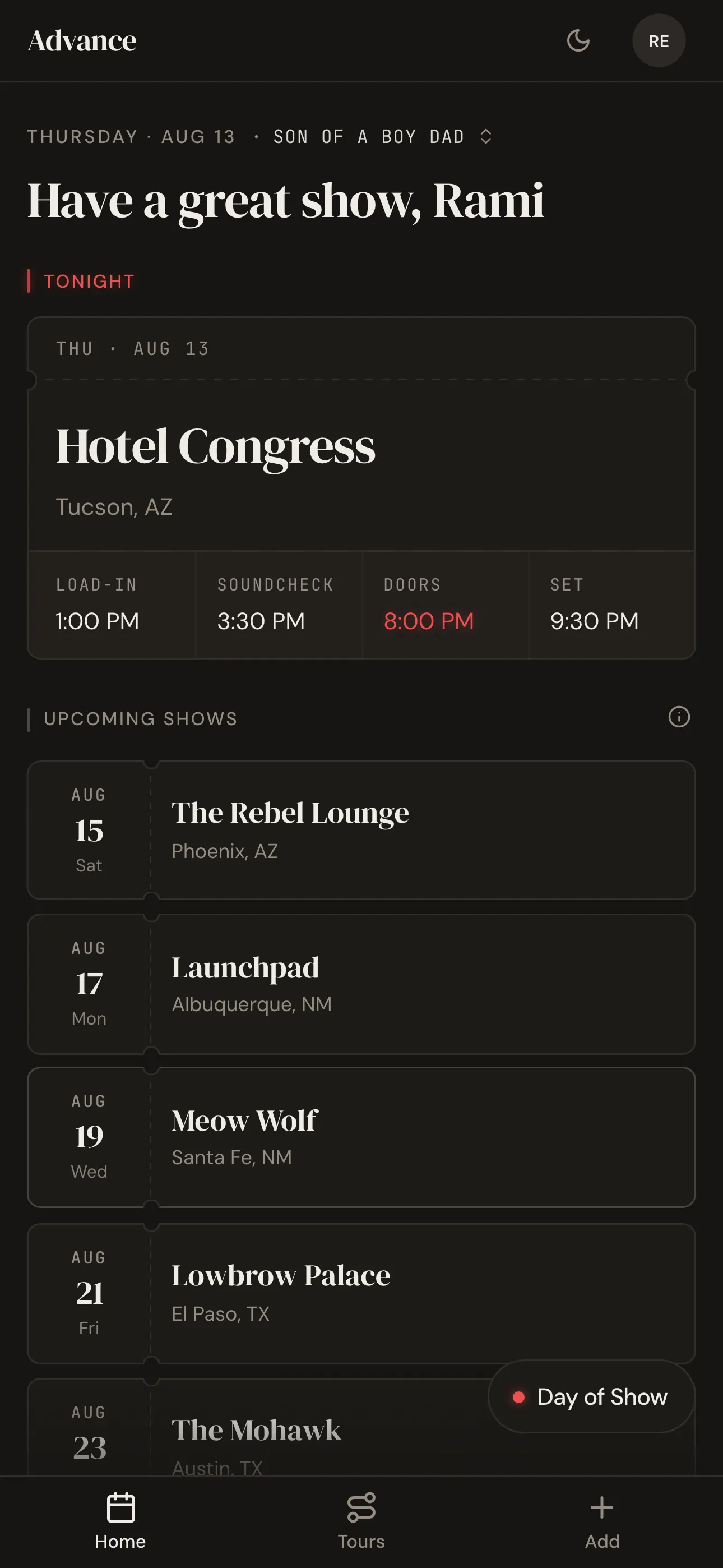 Advance dashboard showing tonight’s show and the upcoming tour dates