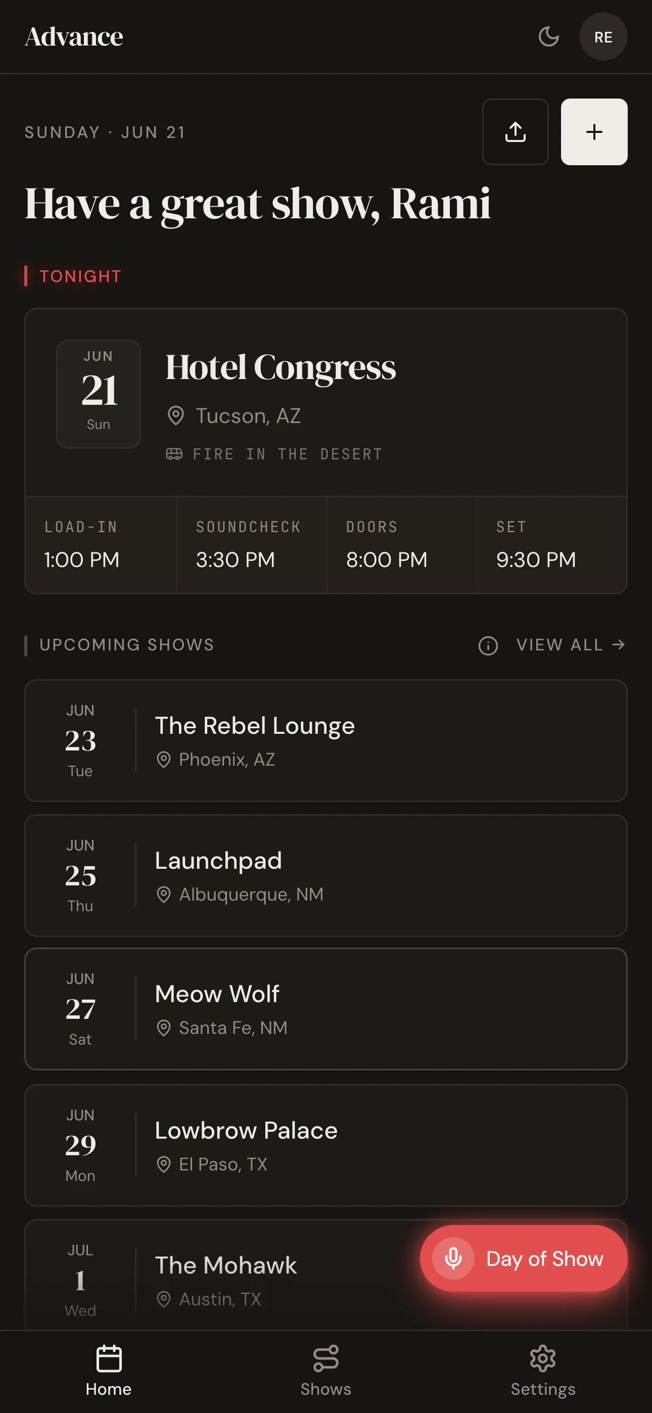 Advance dashboard showing tonight’s show and the upcoming tour dates