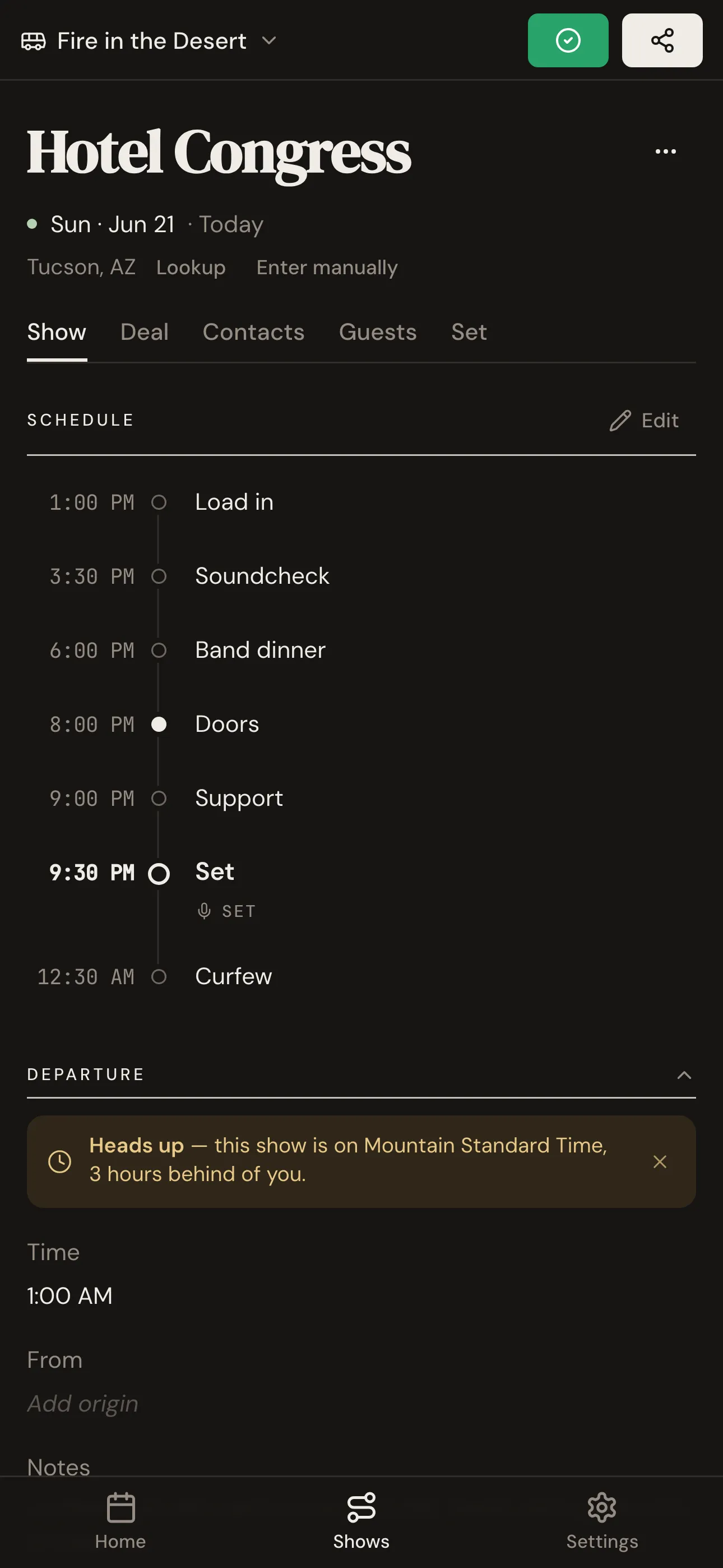 Show detail with the full day schedule and travel times
