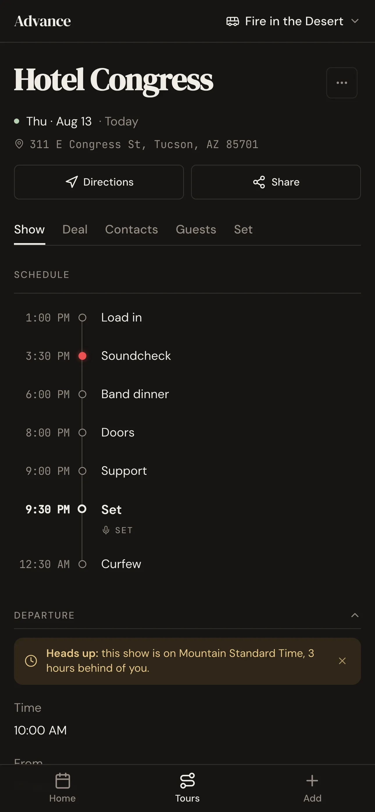 Show detail with the day schedule, travel plan, and venue address