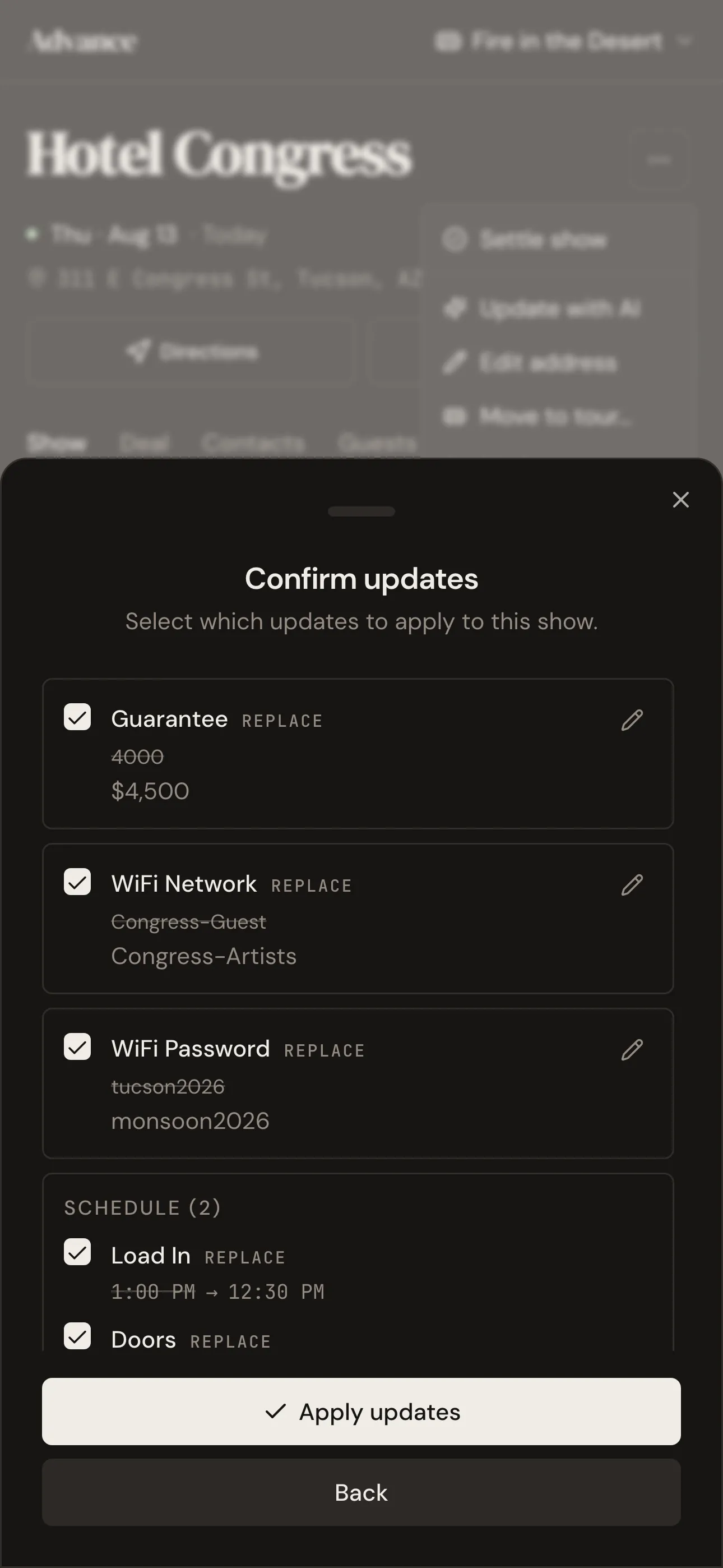 Update with AI flow turning a pasted email into show changes