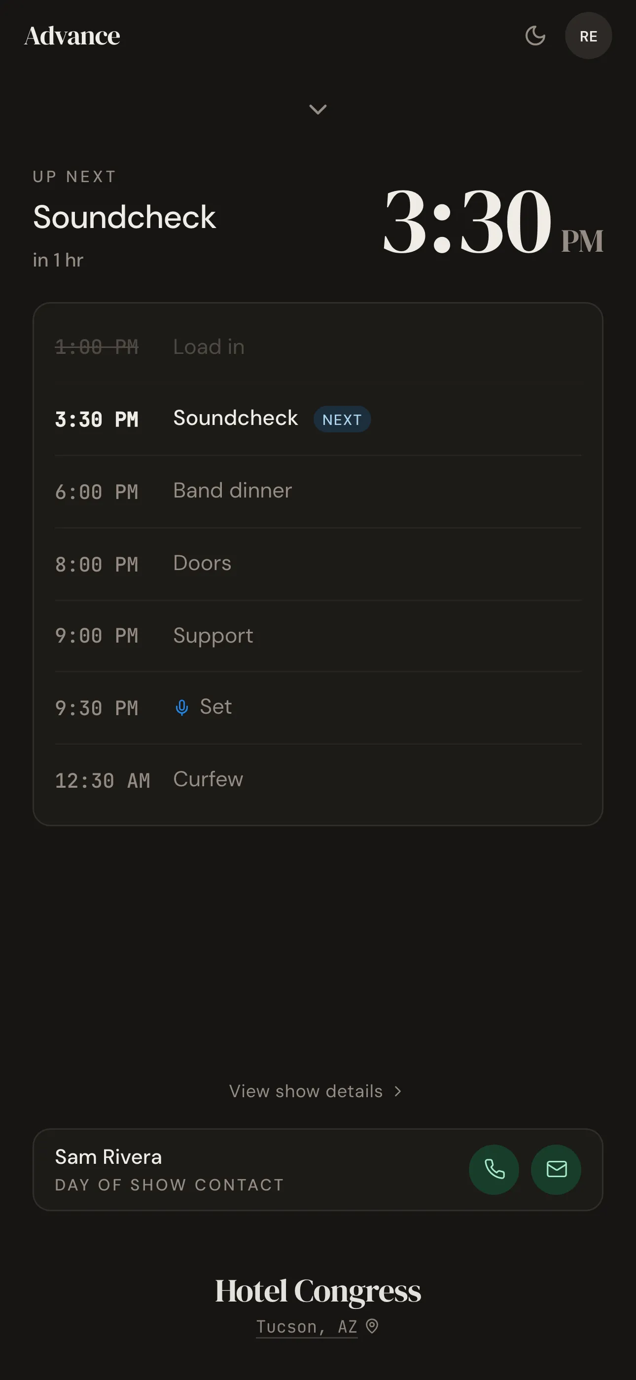 Day of show mode with the up-next countdown and full timeline