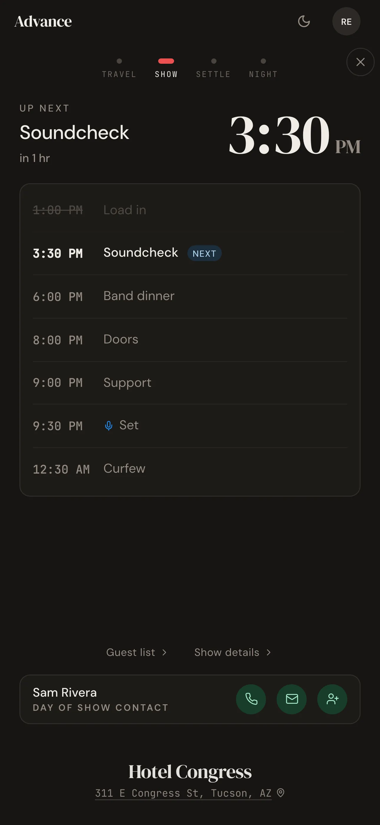 Day of Show mode with the four-stage phase spine and Soundcheck countdown