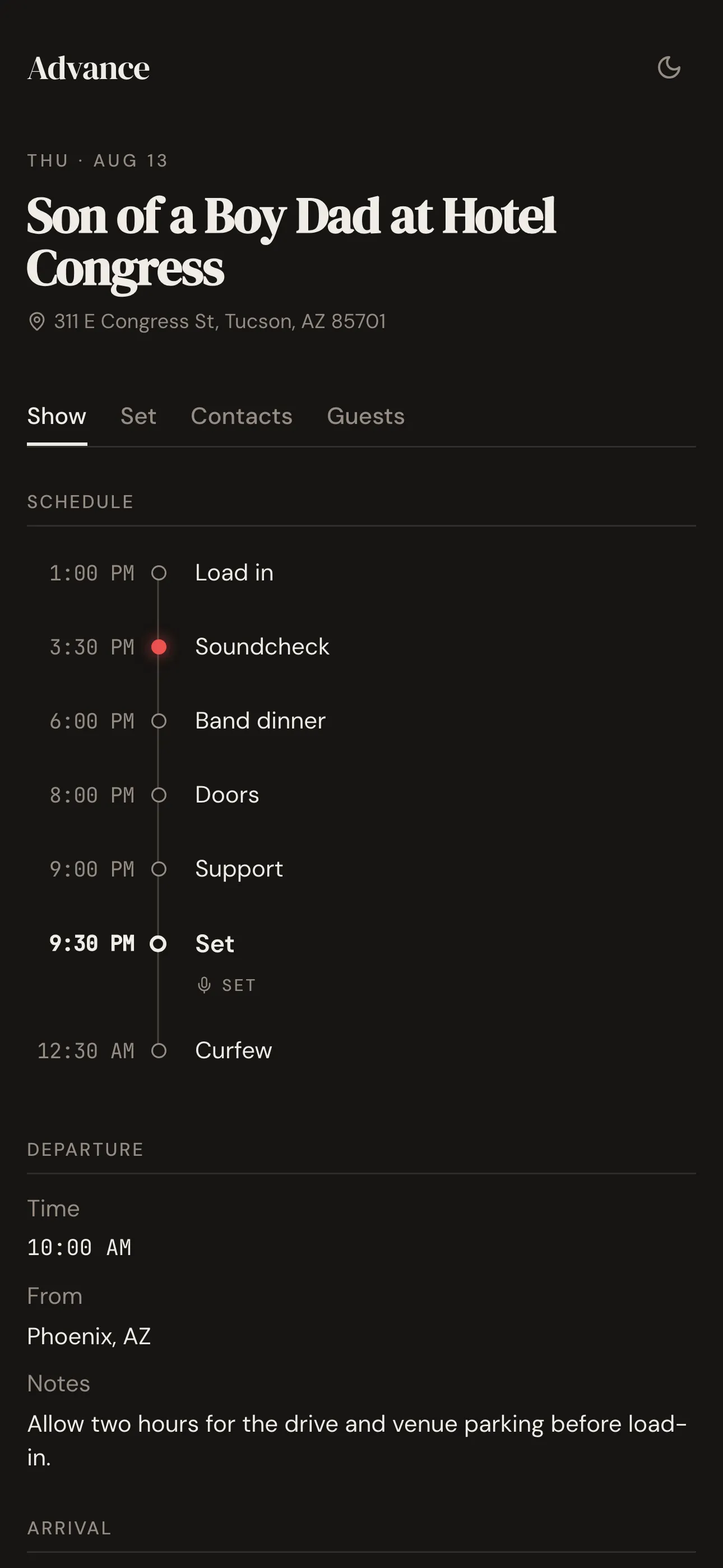 Guest day sheet with the schedule and venue details, no login required