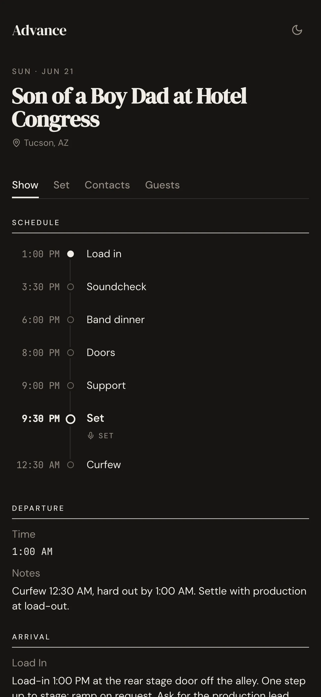 Guest day sheet with schedule and travel, no login required