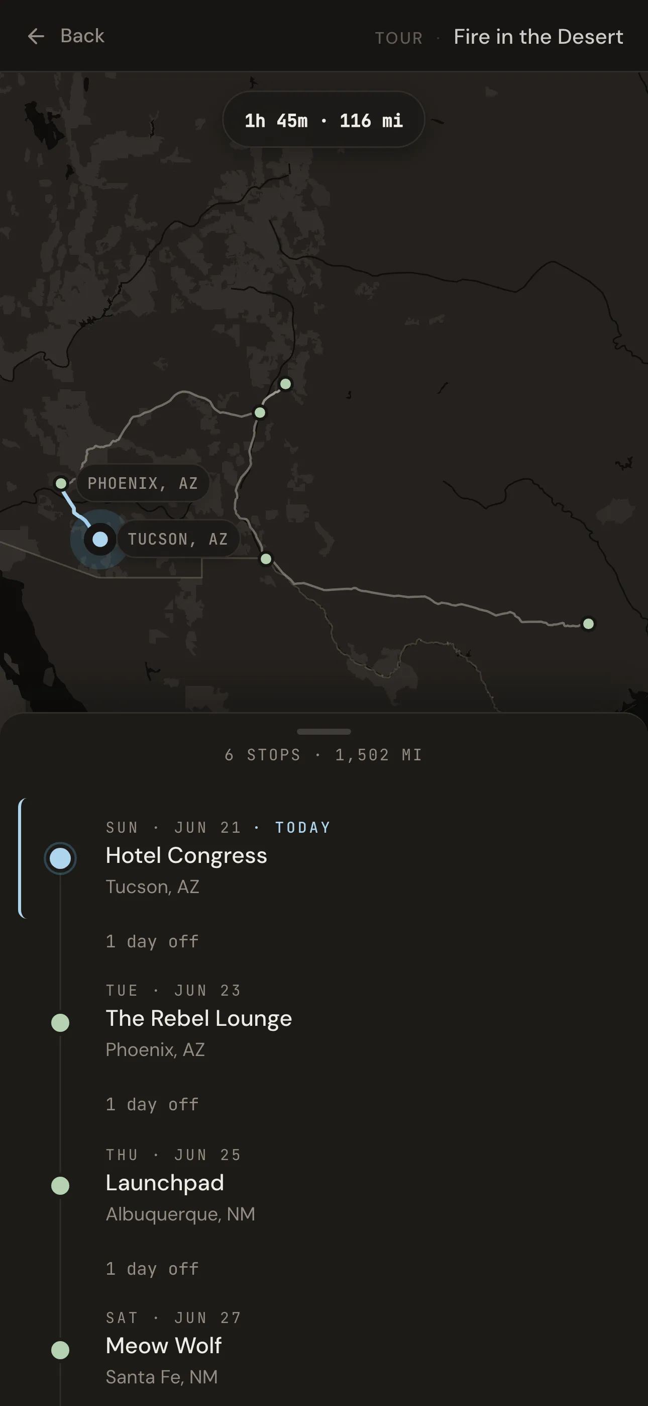 Tour map with every stop and drive time across the country