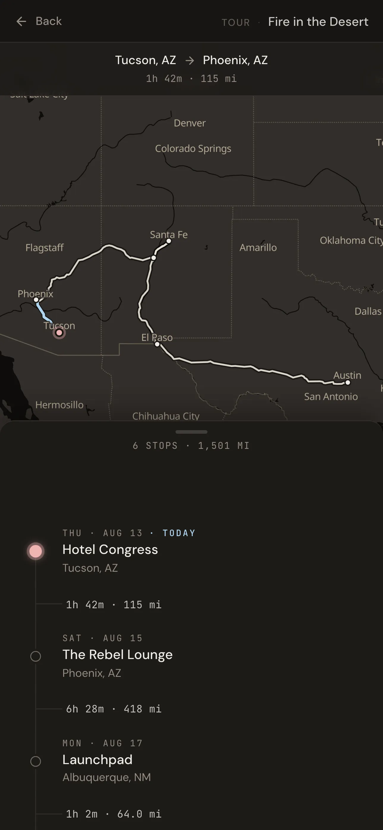 Tour map with every stop and drive time across the country