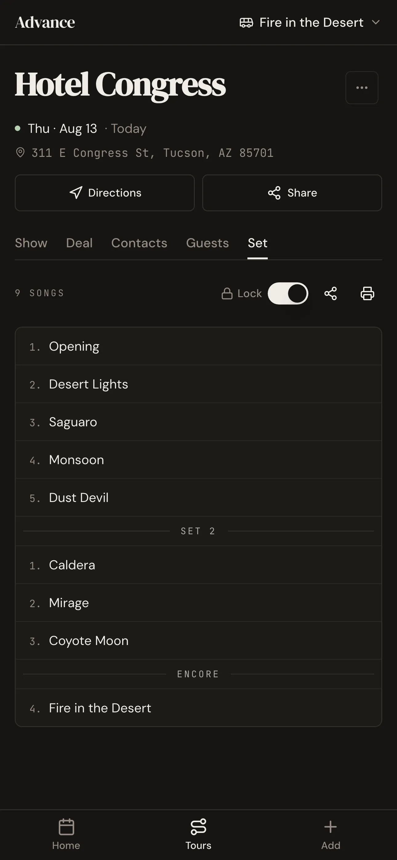 Set list with two sets and an encore, locked for the night