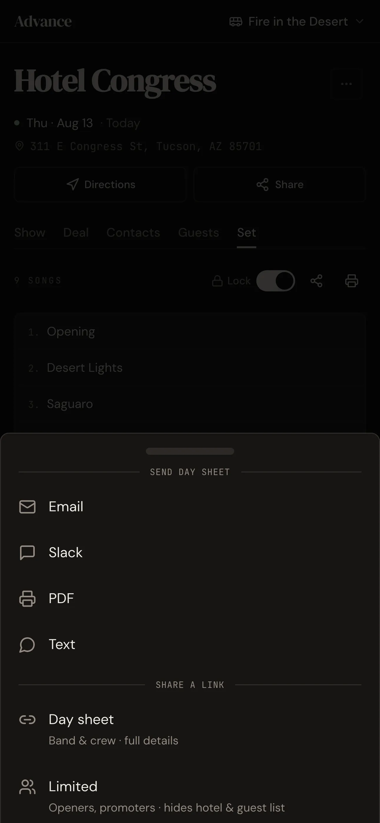 Share drawer with email, Slack, PDF, text, full-detail links, and limited links