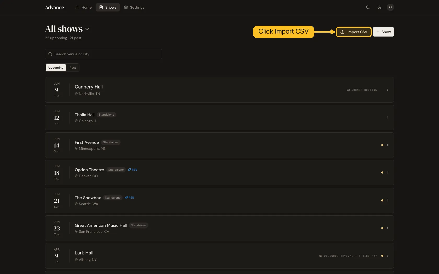 The Shows page with the Import CSV button highlighted