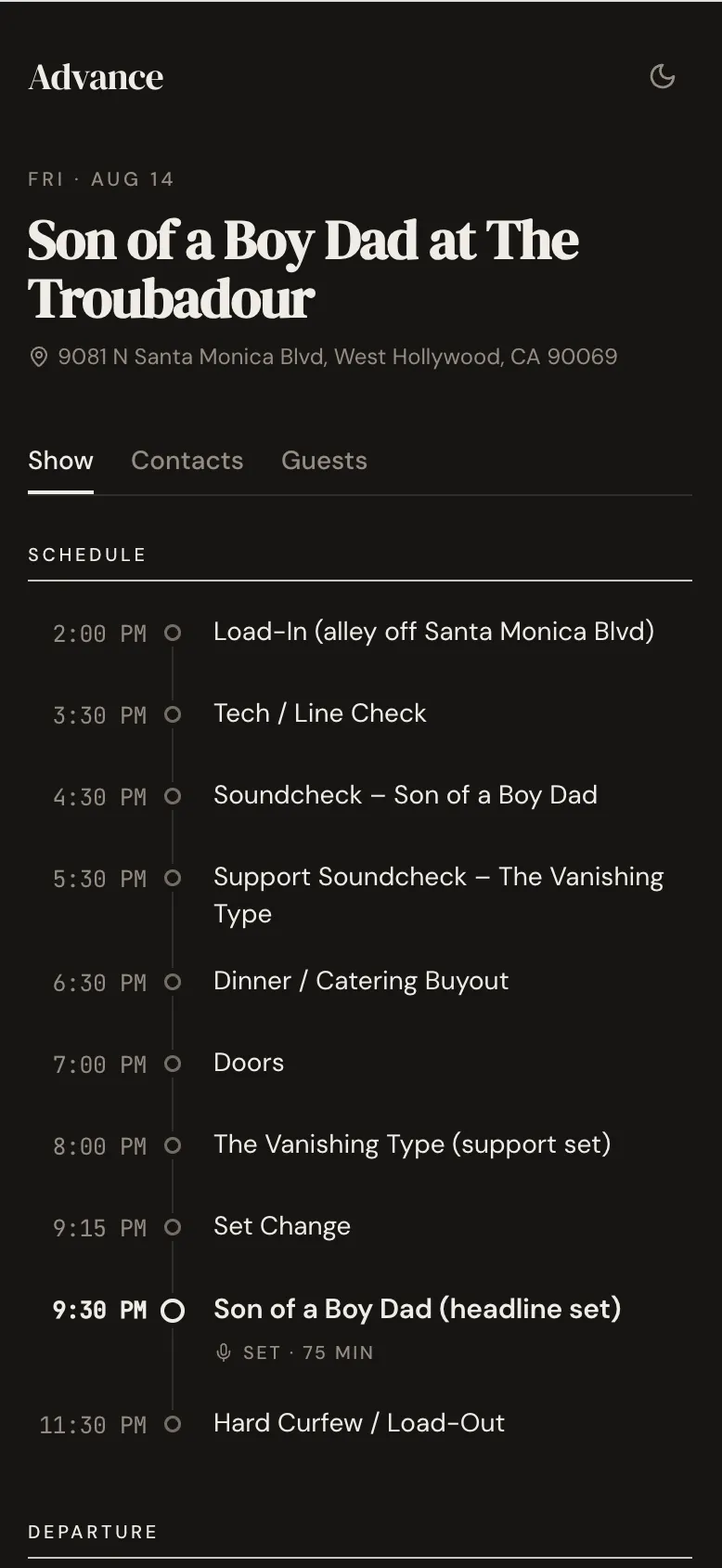 The magic-link day sheet open on a phone, no login required