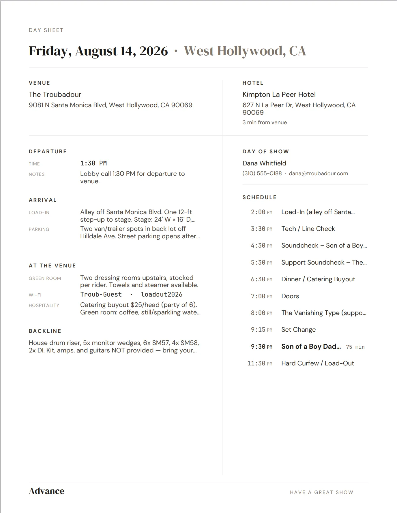 The single-page printable PDF day sheet