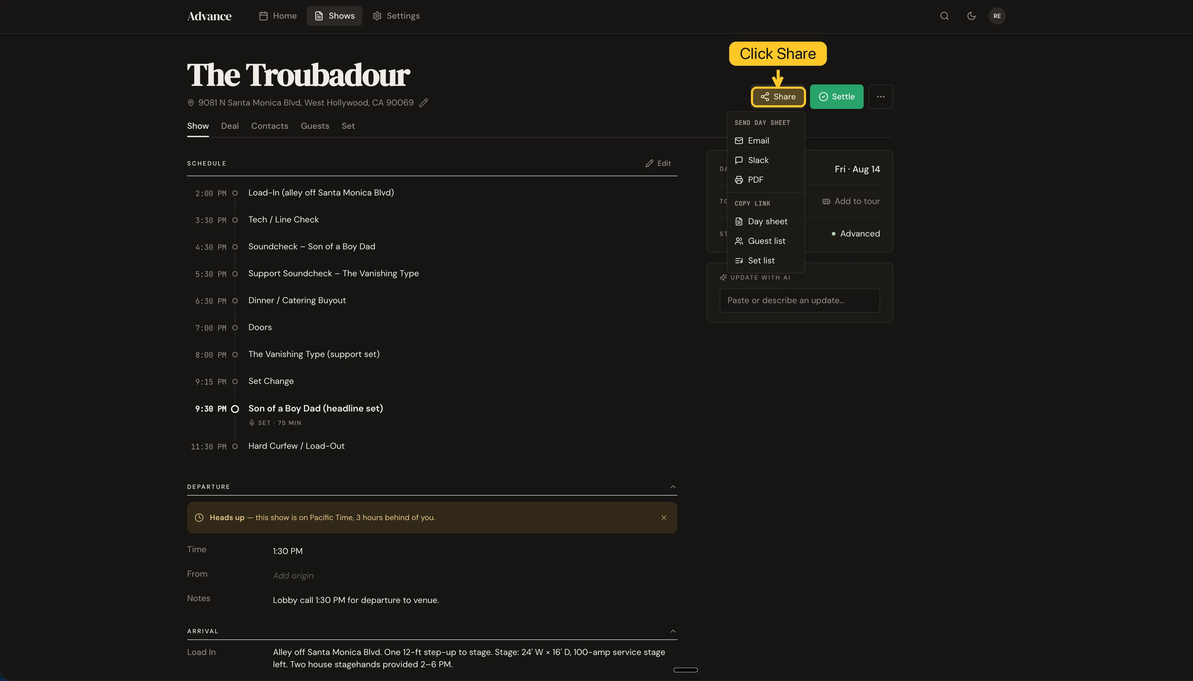 The Share menu on a show detail page, with the day-sheet channels