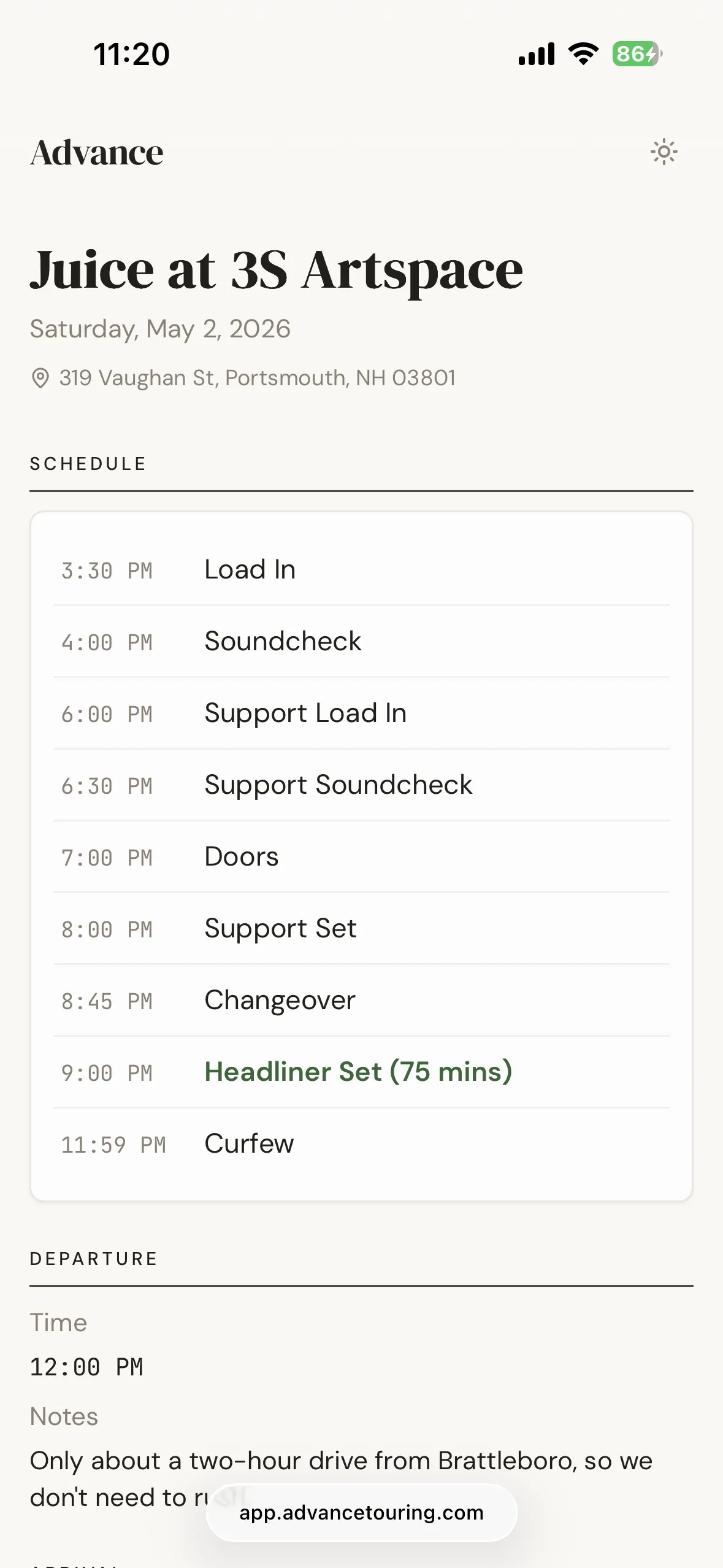 Mobile day sheet for the touring party