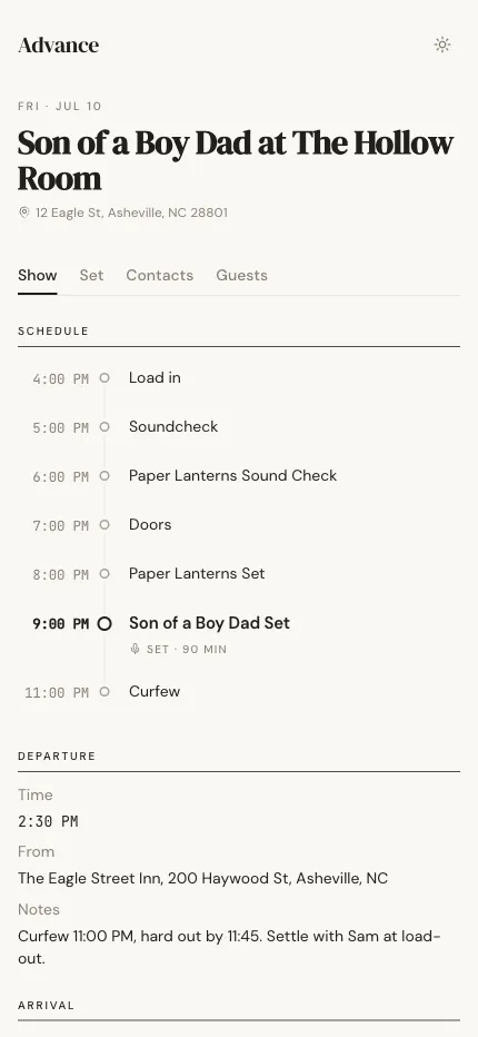 Mobile day sheet for the touring party