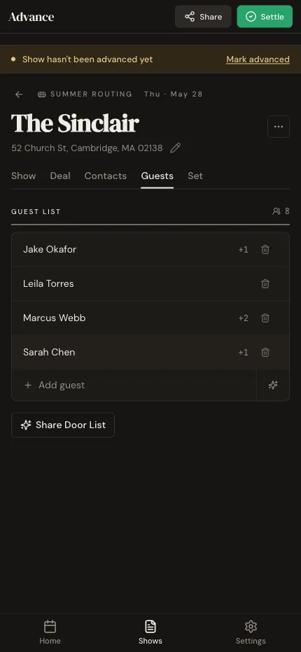 Guest list editor — band member adds a plus-one, Share Door List button