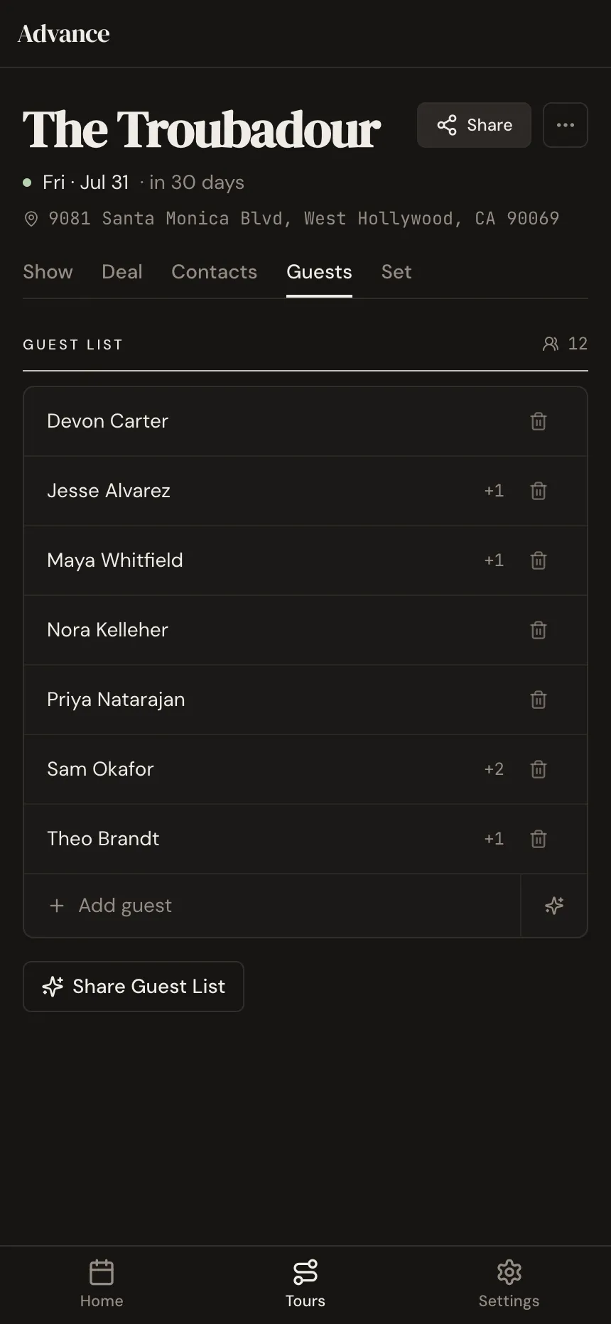 The Guests tab in Advance on a phone: the Troubadour show's guest list with plus-ones, an Add guest button, and Share Guest List to send it to the venue