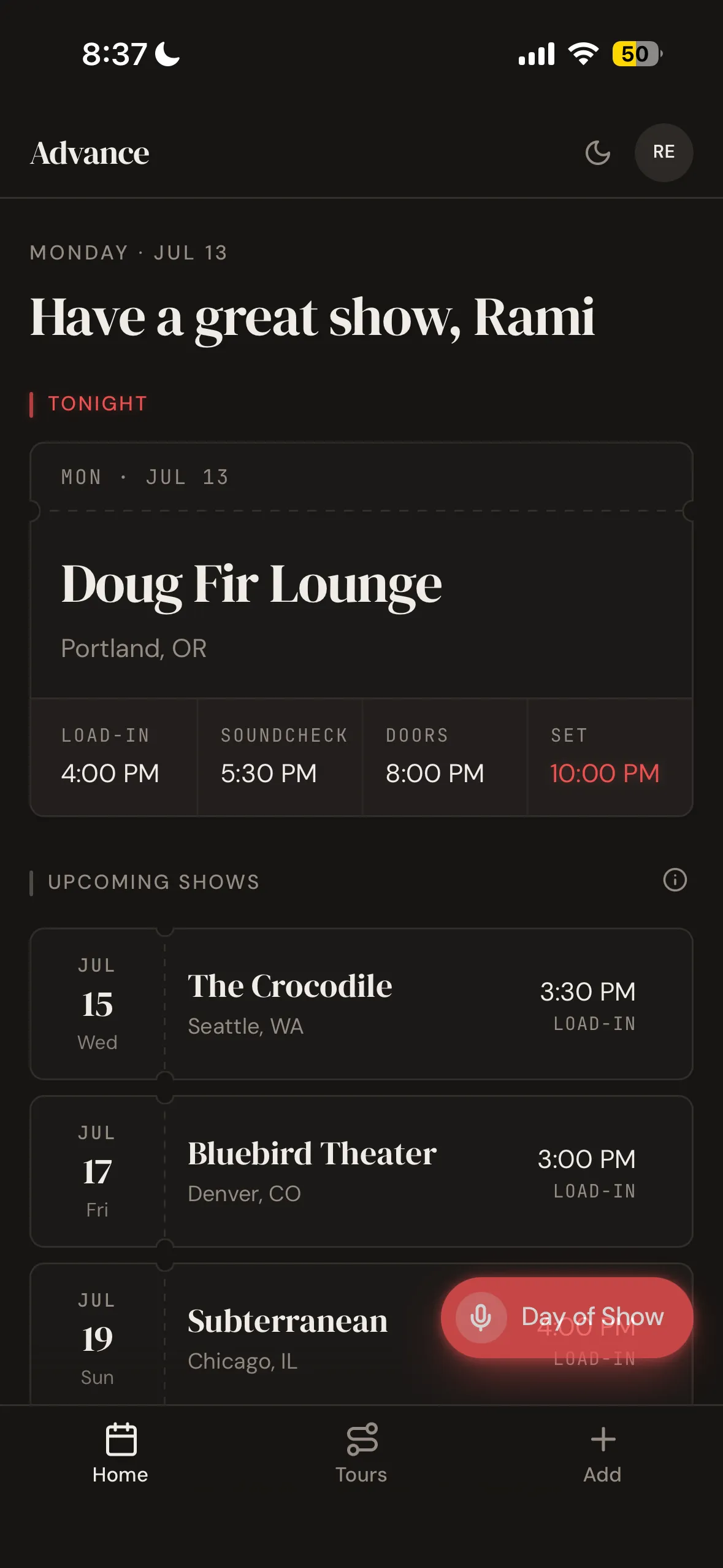 The Advance mobile home screen showing tonight’s show and upcoming tour dates