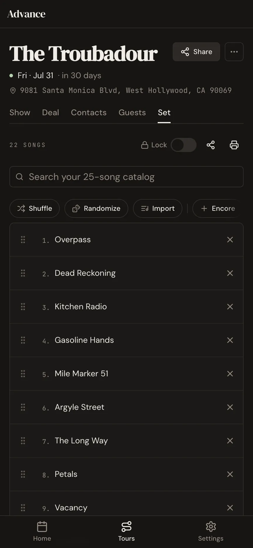 The Set tab in Advance on a phone: a 22-song set list with drag-to-reorder handles, lock and print controls, and a search of the band's catalog