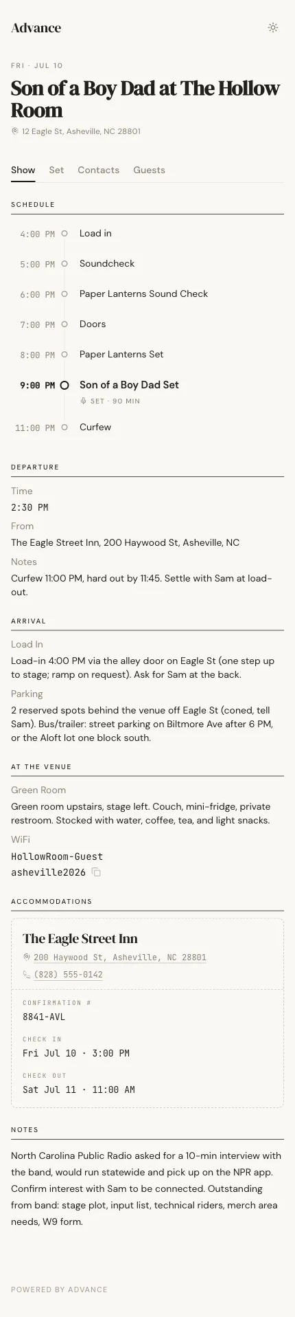 Advance show detail page generated from the forwarded email