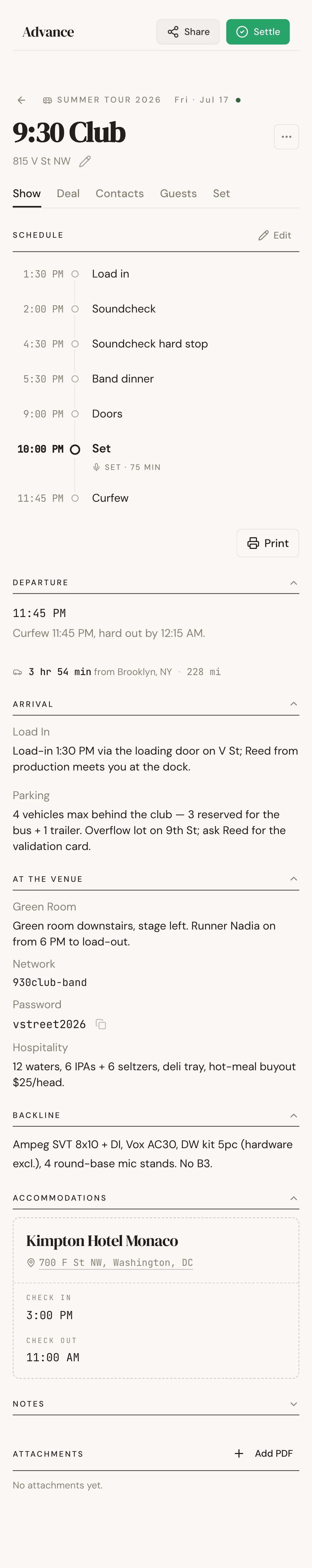 Advance show detail page generated from the forwarded email