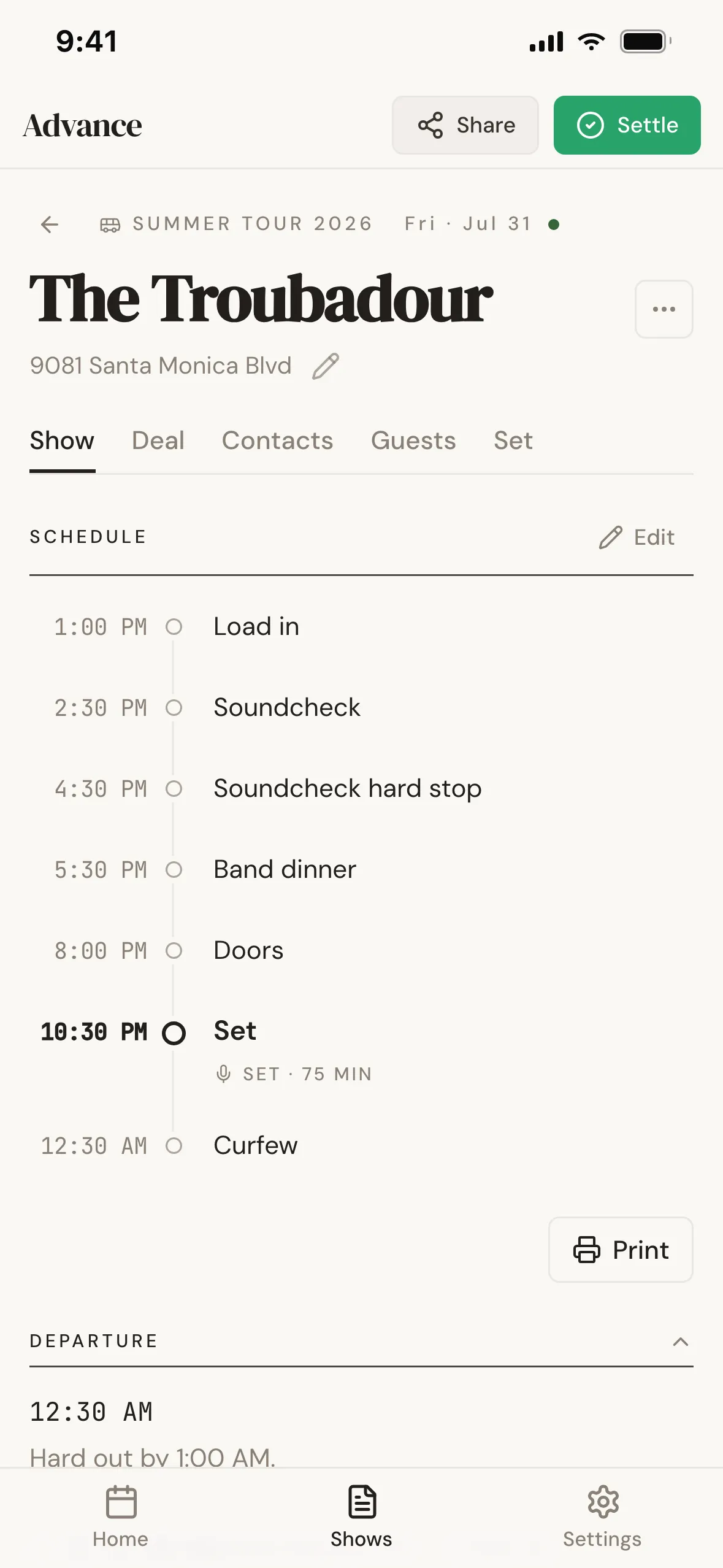 Advance show detail for The Troubadour — load-in, soundcheck, doors, set