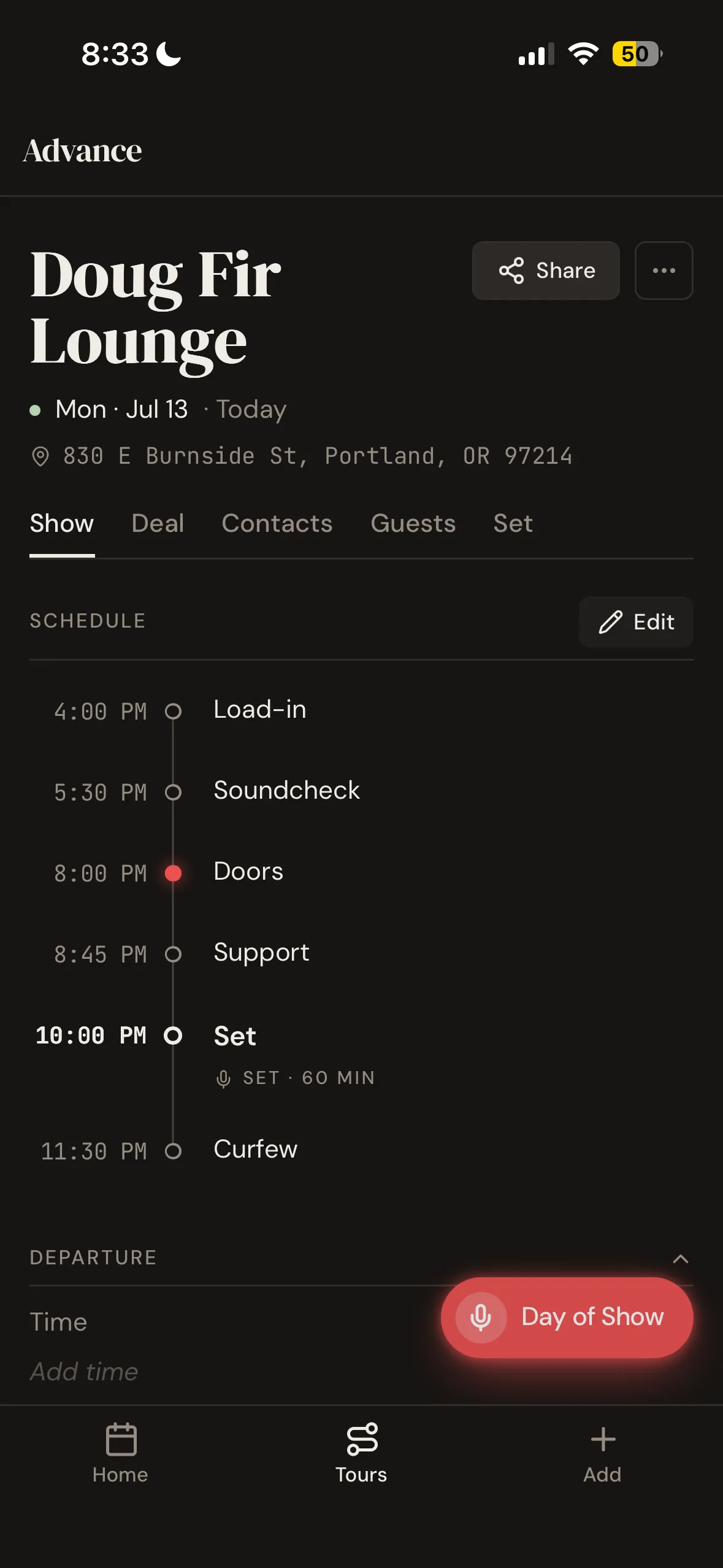 Advance show detail for Doug Fir Lounge — load-in, soundcheck, doors, set