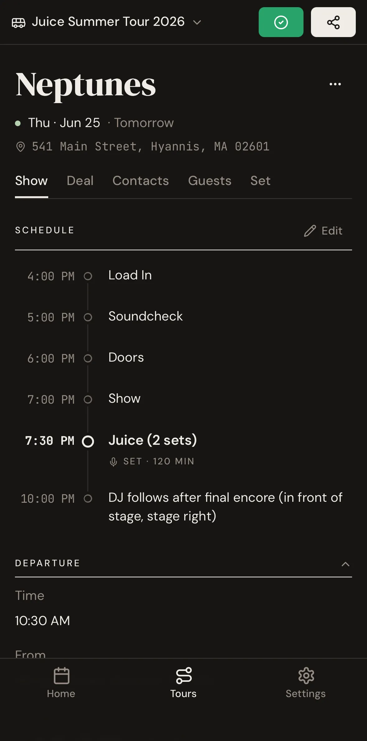 A show detail page on a phone, showing the full day-of-show schedule