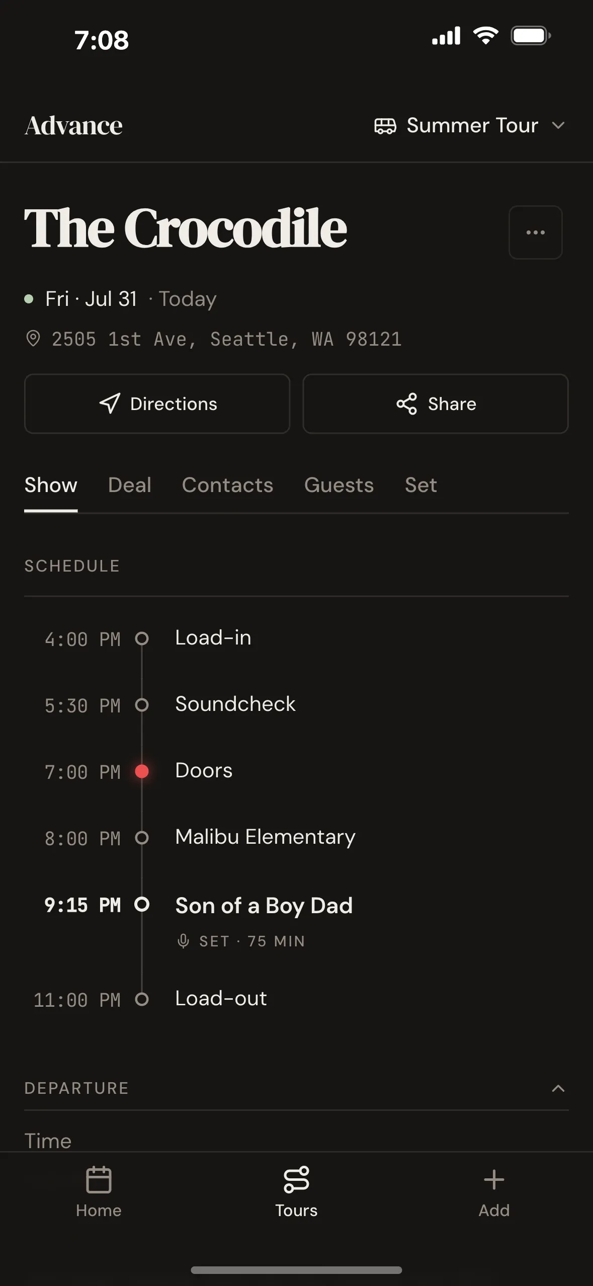 The Advance show page for The Crocodile in Seattle, shown in an iPhone frame with the date, address, tabs, and full schedule from load-in through load-out