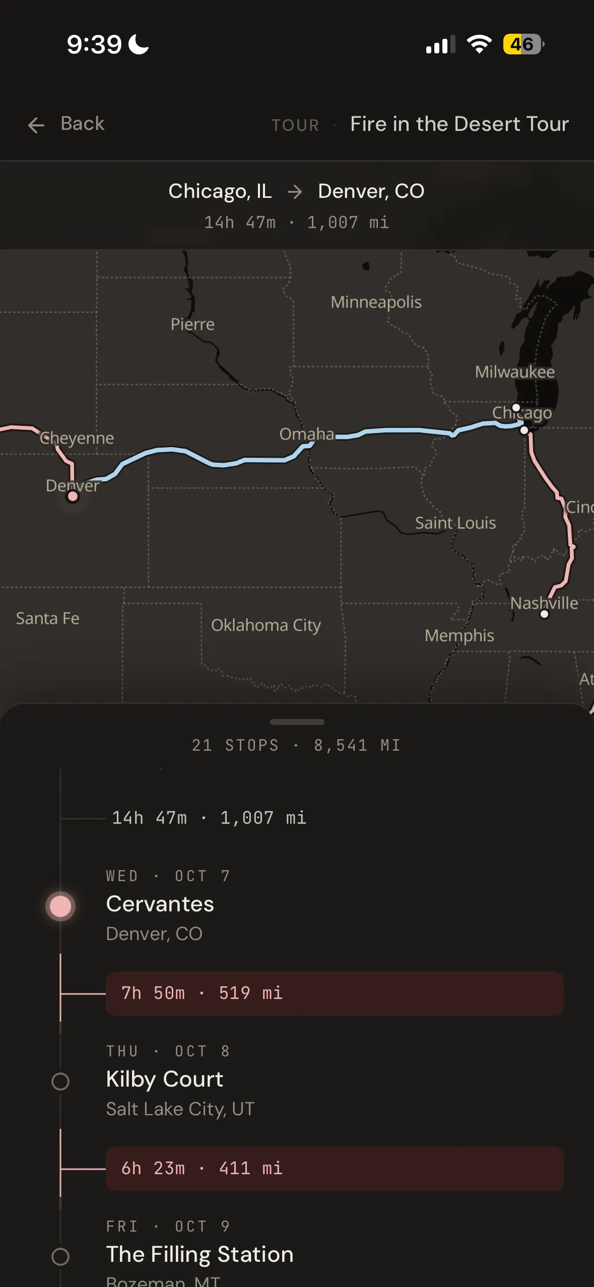 A drive between shows in Advance — Chicago to Denver, 14h 47m and 1,007 miles, on the tour map