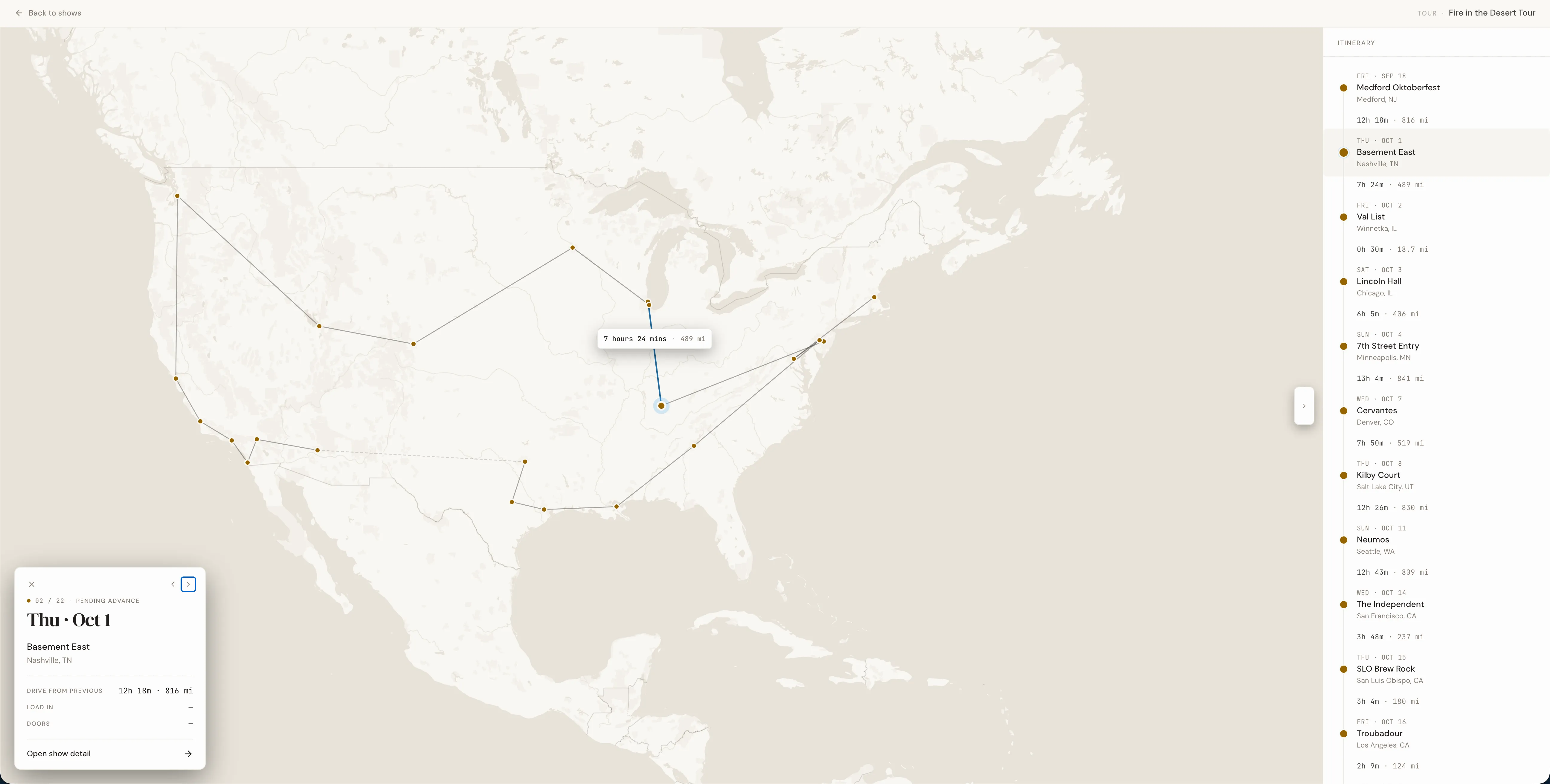 Every show on the tour plotted on an interactive map with drive times