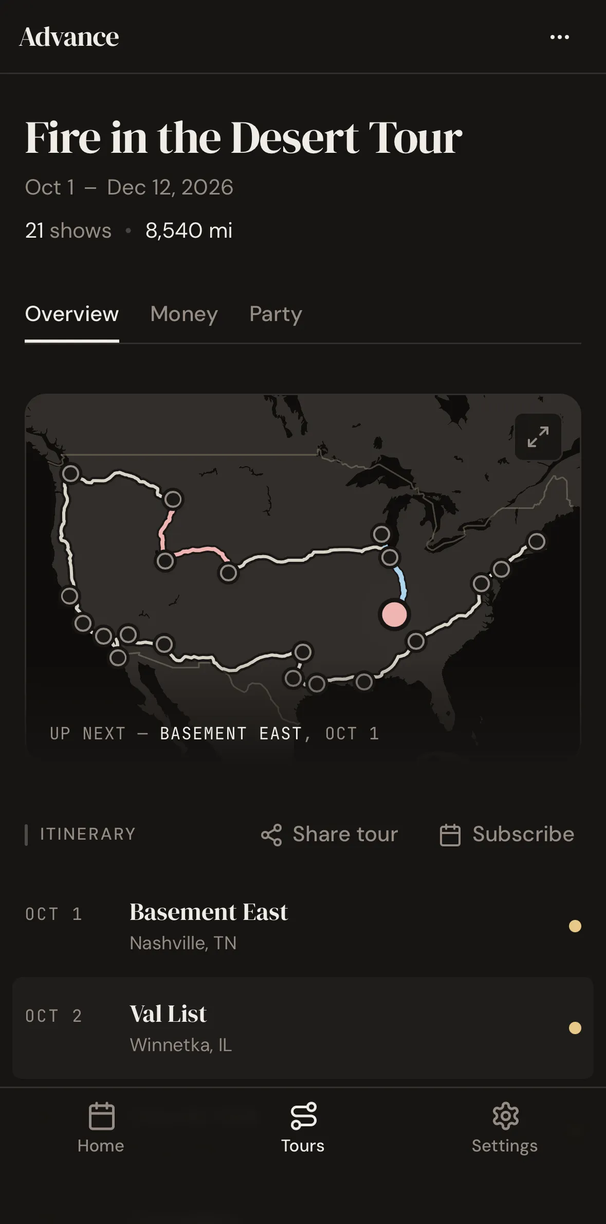 A tour on a phone, showing the route mapped across the Northeast