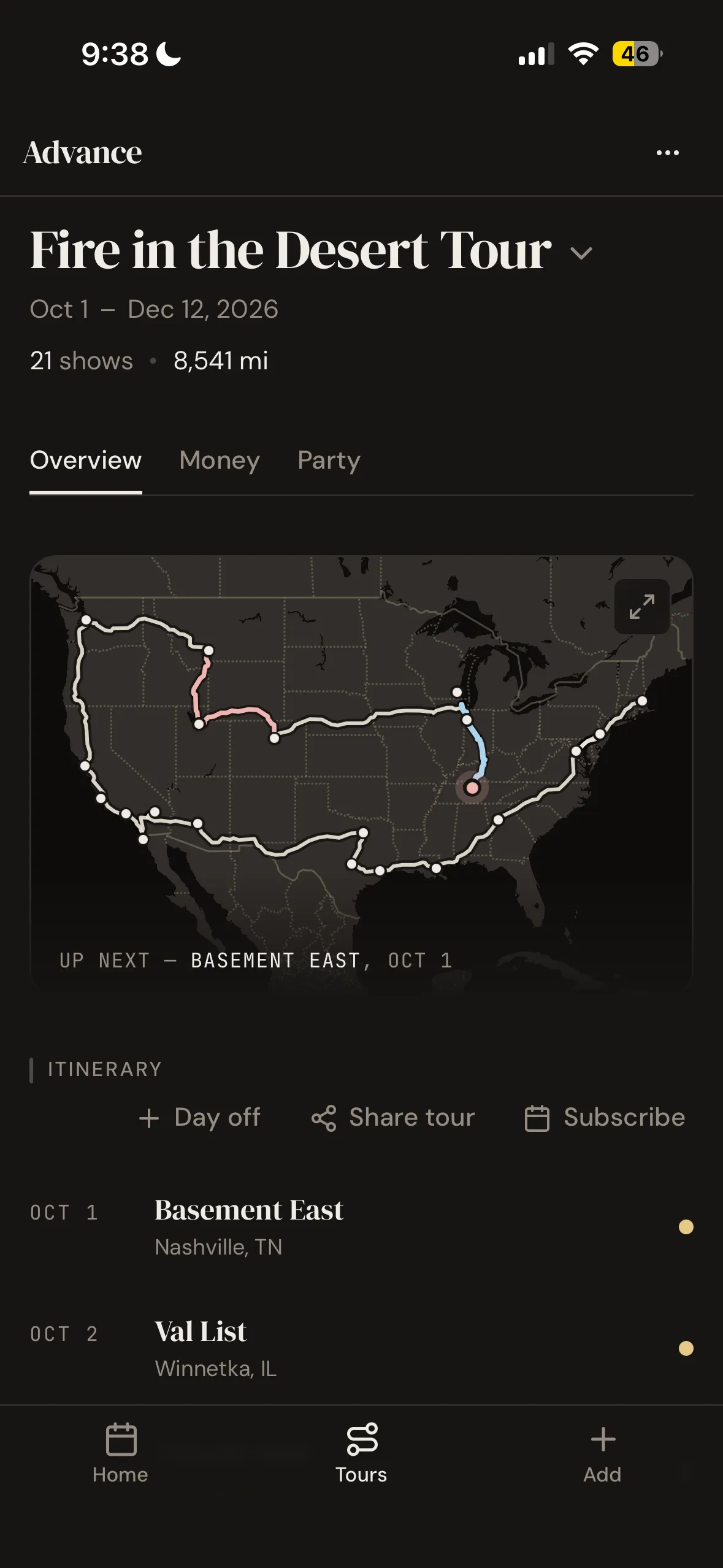 A tour overview in Advance — 21 shows and 8,541 miles plotted on a map above the itinerary