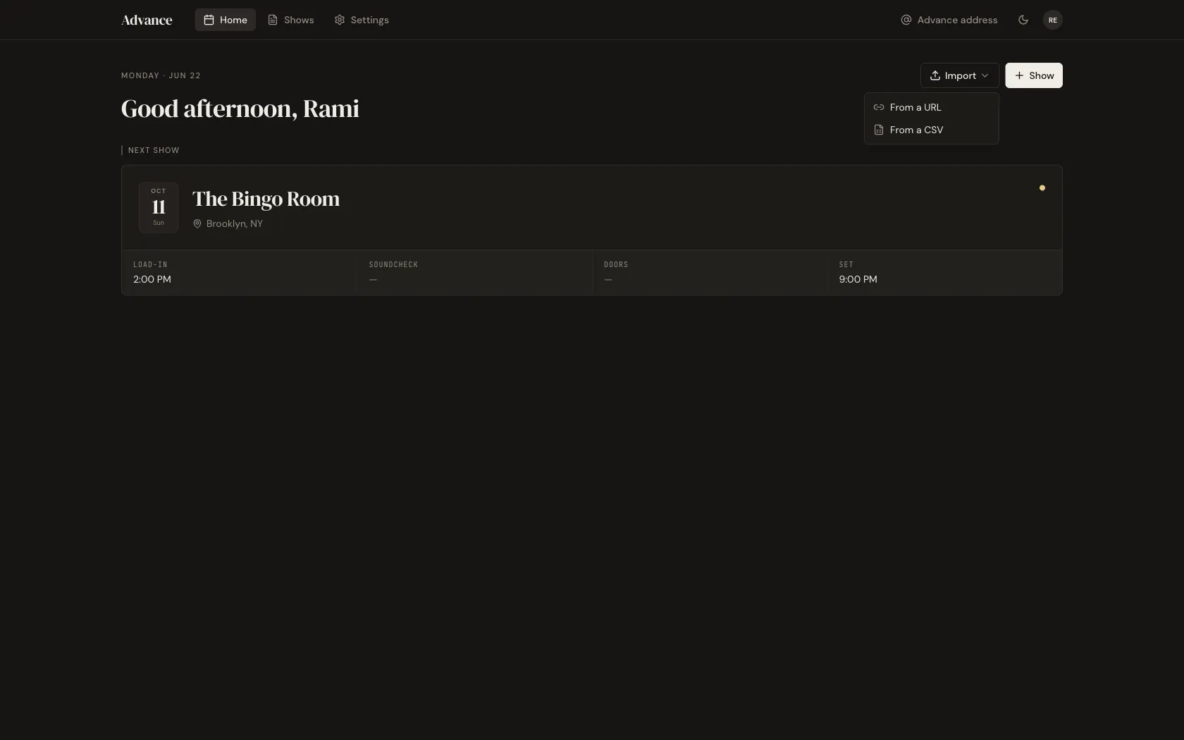 The Import menu open on the dashboard, with From a URL and From a CSV